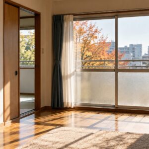 秋の光が差し込む空室と、棚に置かれた温湿度計のイメージ