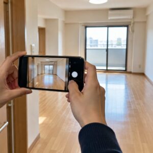 玄関から空室を撮影し、特殊清掃の写真相談を準備するスマートフォン