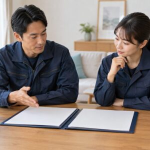 初期対応とその後の清掃計画を相談する担当者と二冊の資料