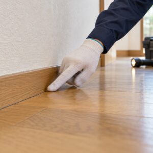 木の床と巾木の継ぎ目を確認する作業担当者の手元