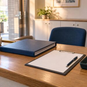 管理事務所の電話と引き継ぎ資料を整えた机