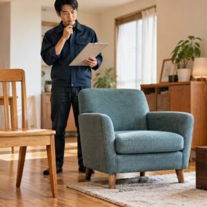 家具を残すか検討するため、椅子と保管箱の状態を確認する場面