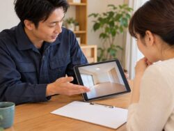 部屋の写真と追加見積もりを確認する清掃担当者と依頼者