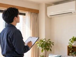 エアコンの状態を確認するため、室内で点検計画を立てる担当者