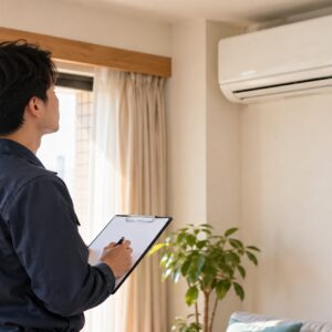 エアコンの状態を確認するため、室内で点検計画を立てる担当者