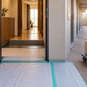通行経路を確保し、床を保護したマンションの共用廊下