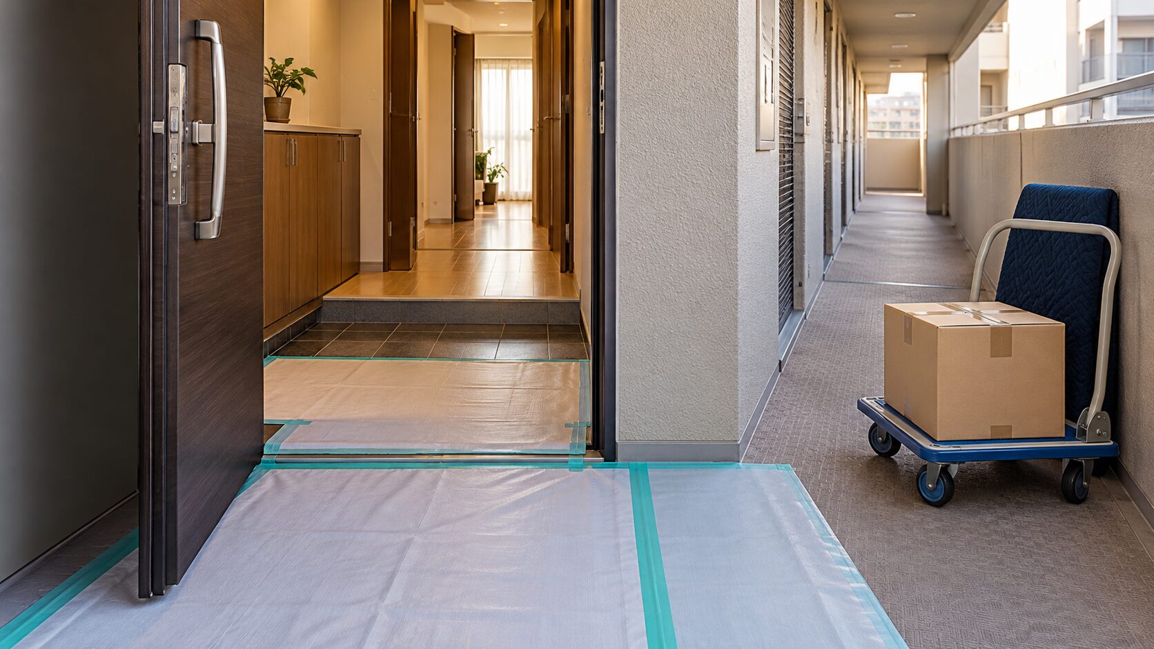 通行経路を確保し、床を保護したマンションの共用廊下