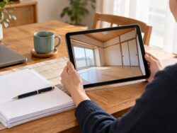 離れた場所からタブレットで空室の清掃報告を確認する手元