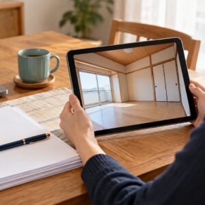離れた場所からタブレットで空室の清掃報告を確認する手元