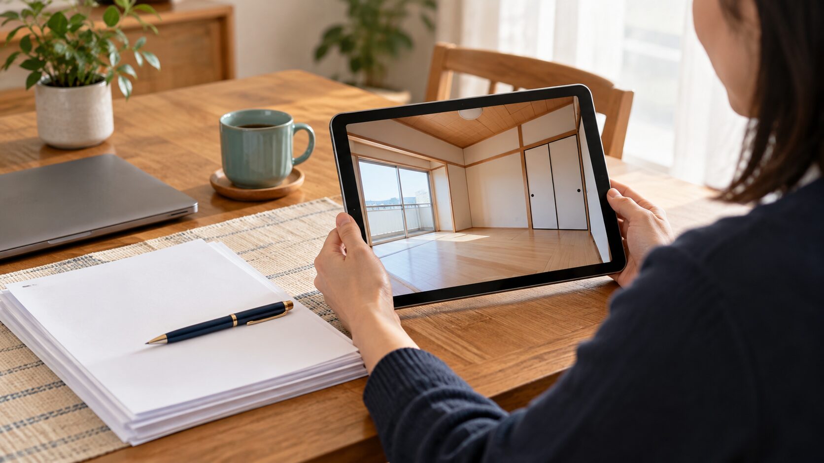 離れた場所からタブレットで空室の清掃報告を確認する手元