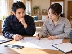 片付けと特殊清掃の担当範囲を打ち合わせる二人の担当者