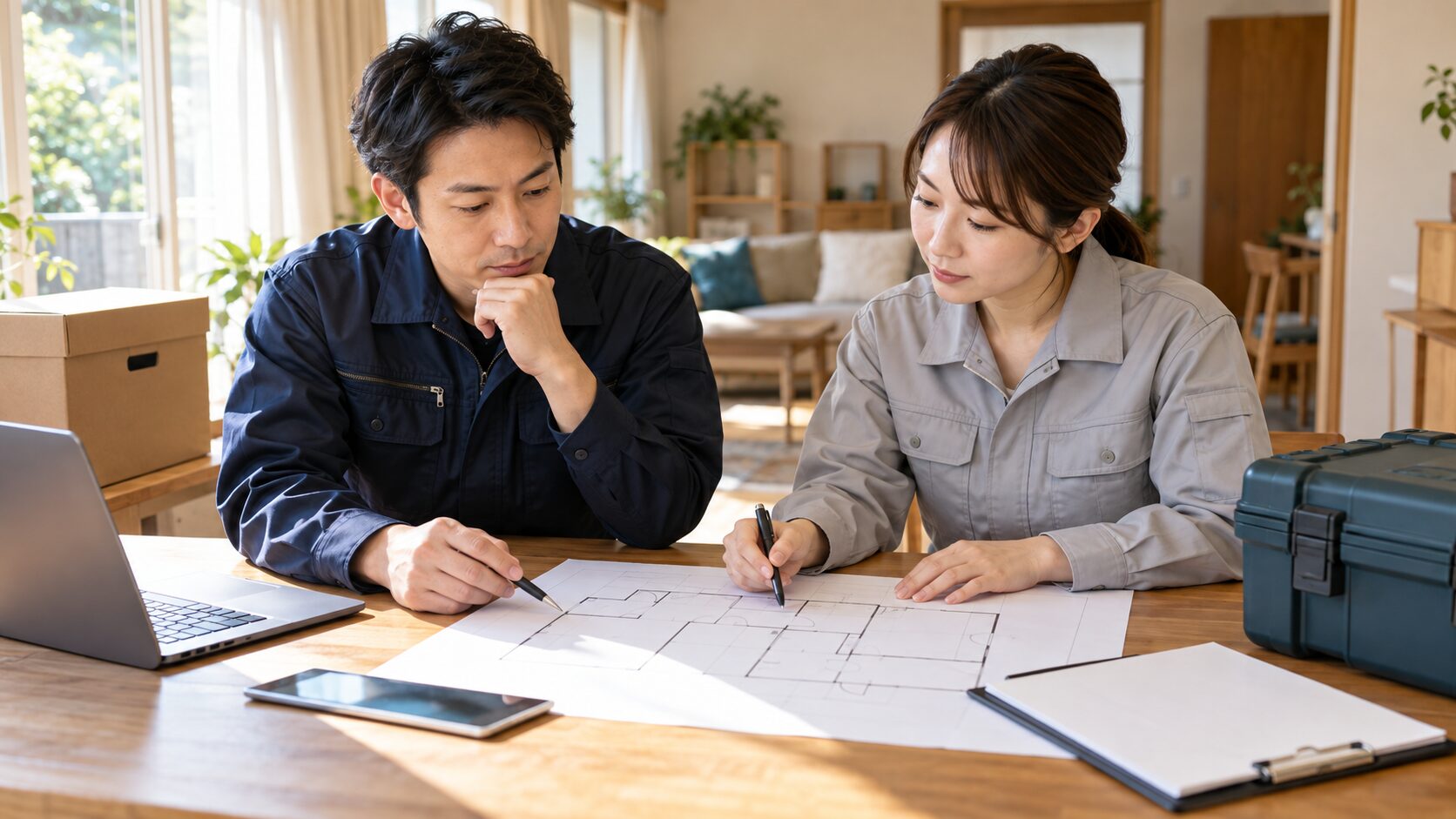 片付けと特殊清掃の担当範囲を打ち合わせる二人の担当者