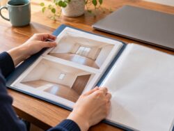 作業写真の共有範囲を確認するため、資料を整理する手元