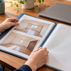 作業写真の共有範囲を確認するため、資料を整理する手元