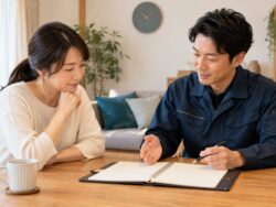 退去期限までの優先事項を相談する依頼者と清掃担当者