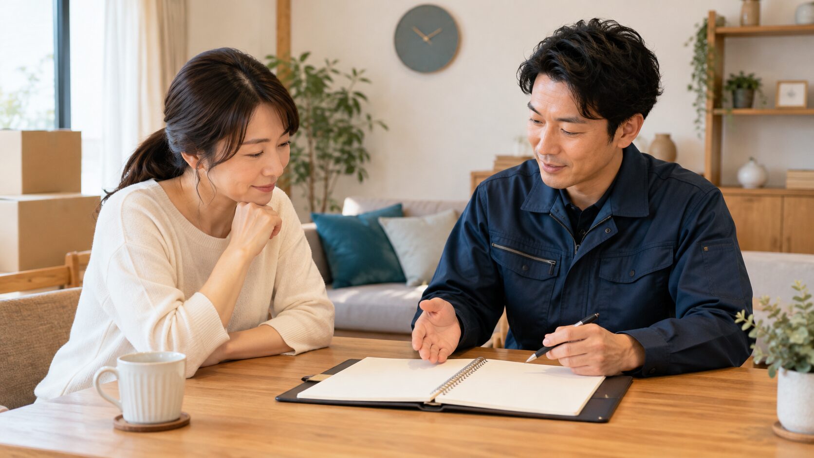 退去期限までの優先事項を相談する依頼者と清掃担当者