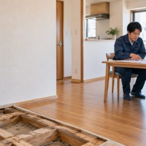清掃済みの部屋で内装復旧の範囲を打ち合わせる担当者