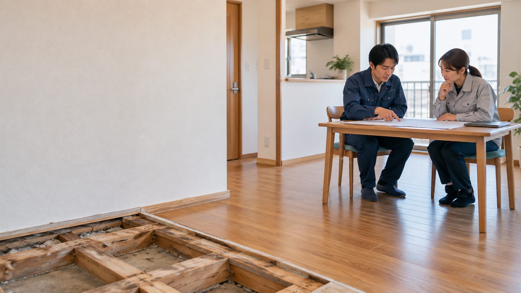 清掃済みの部屋で内装復旧の範囲を打ち合わせる担当者