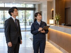 営業再開前の施設で点検項目を確認する管理者と清掃担当者