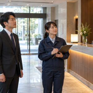 営業再開前の施設で点検項目を確認する管理者と清掃担当者