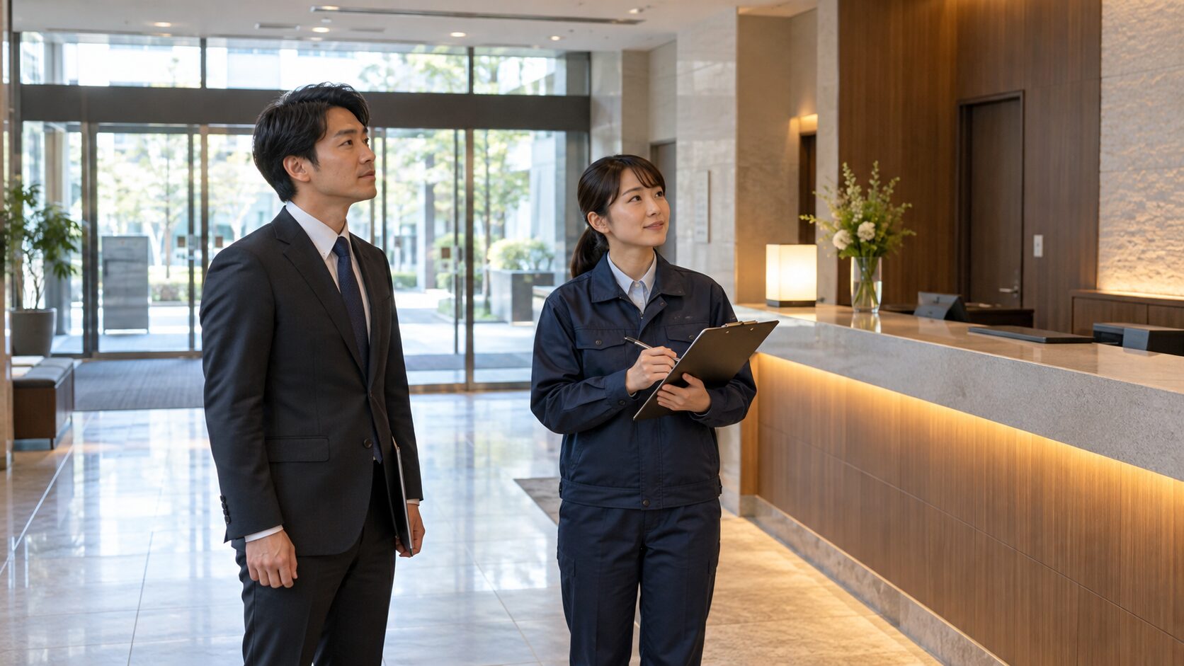 営業再開前の施設で点検項目を確認する管理者と清掃担当者